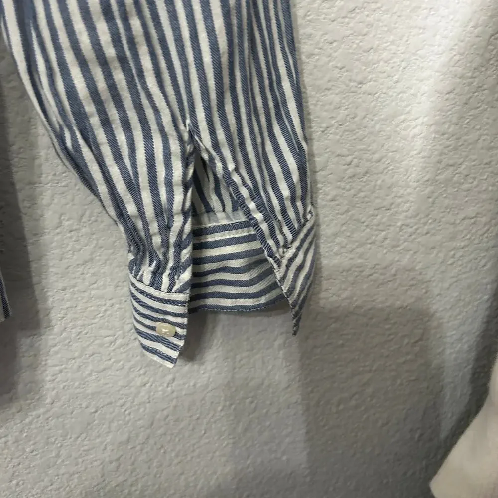 Madewell Puff-Sleeve Popover Shirt in Railroad Stripe Blue White Size XS Preppy